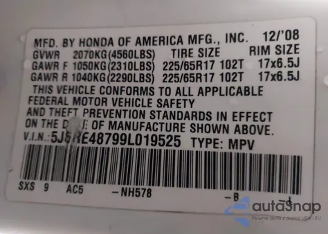 2009 Honda Cr-V Ex-L из США, поврежденный, VIN 5J6RE48799L019525